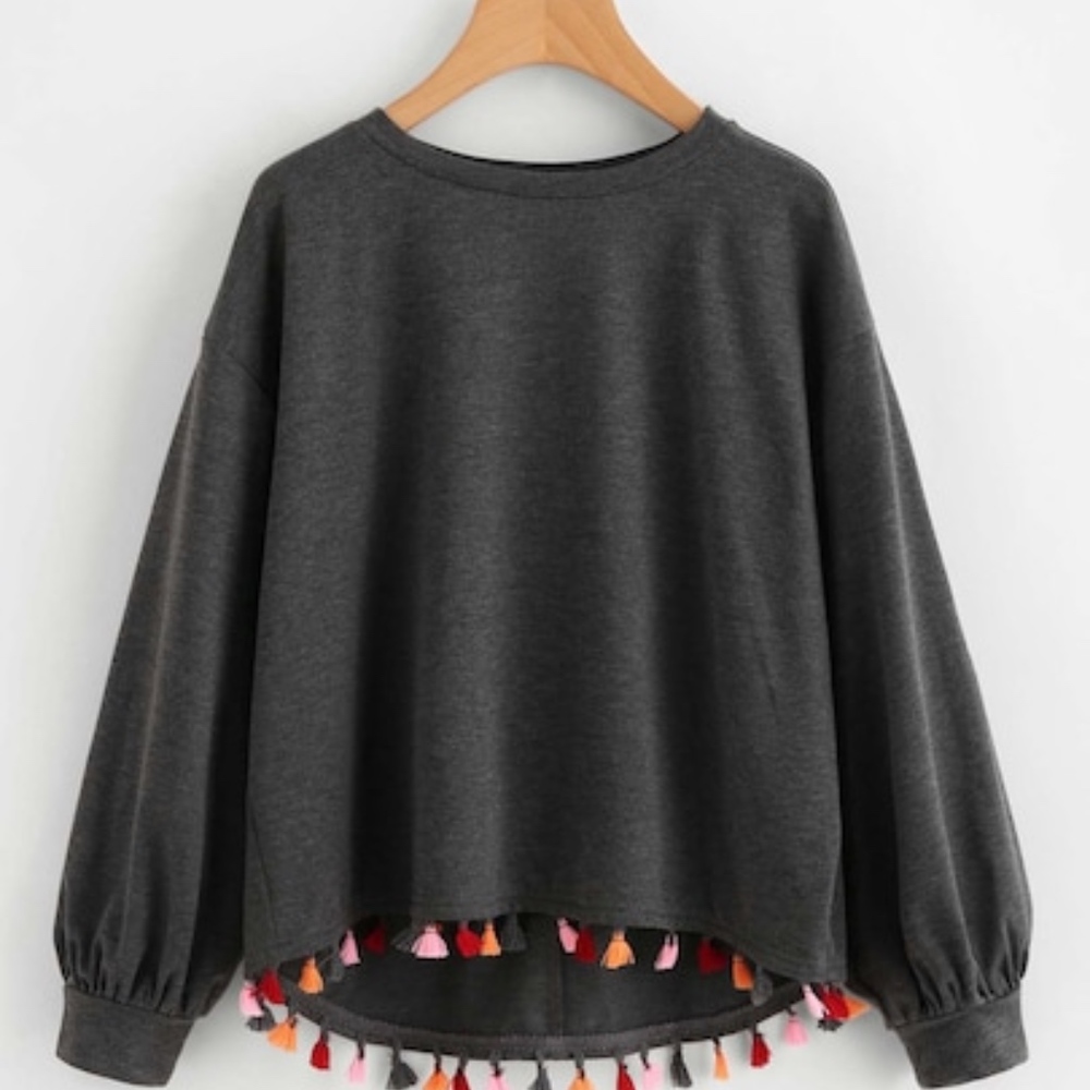 gray tassle sweatshirt
